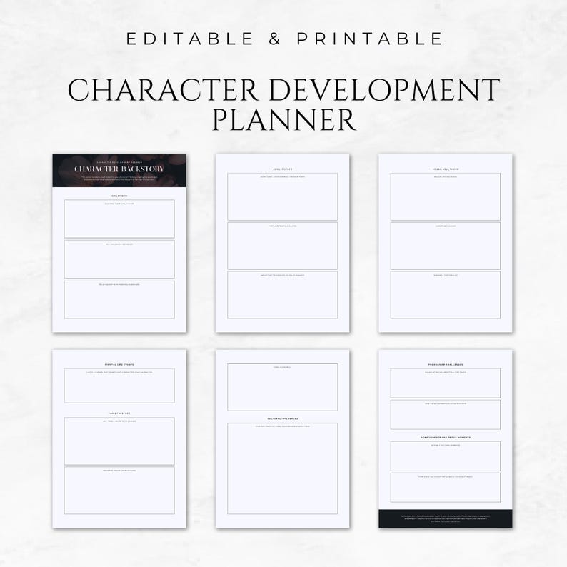 May include: Printable character development planner with sections for character backstory, appearance, personality, and more.