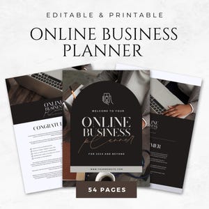 May include: A black and white printable planner for online businesses. The cover features a stylized phone icon and the text "Welcome to your Online Business Planner for 2024 and Beyond". The planner has 54 pages.