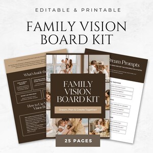 Peut inclure: Un kit de tableau de vision familial imprimable de 25 pages. Le kit comprend des invites pour la définition d'objectifs, la planification des rêves et les traditions familiales. La couverture présente un collage de photos de familles.