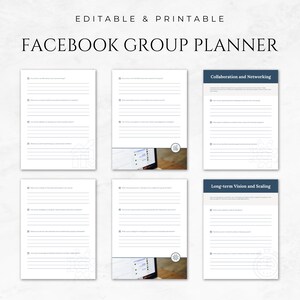 Op de afbeelding: Een printbare Facebook-groepsplanner met secties voor samenwerking en netwerken, en langetermijnvisie en schaling. De planner bevat een checklist met vragen om je te helpen bij het plannen van je groep.