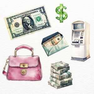 May include: Watercolor illustration featuring a one-dollar bill, a green dollar sign, a pink purse, an ATM, an envelope with a hundred-dollar bill, and stacks of cash. The image has a financial theme.