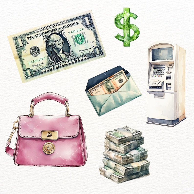 May include: Watercolor illustration featuring a one-dollar bill, a green dollar sign, a pink purse, an ATM, an envelope with a hundred-dollar bill, and stacks of cash. The image has a financial theme.