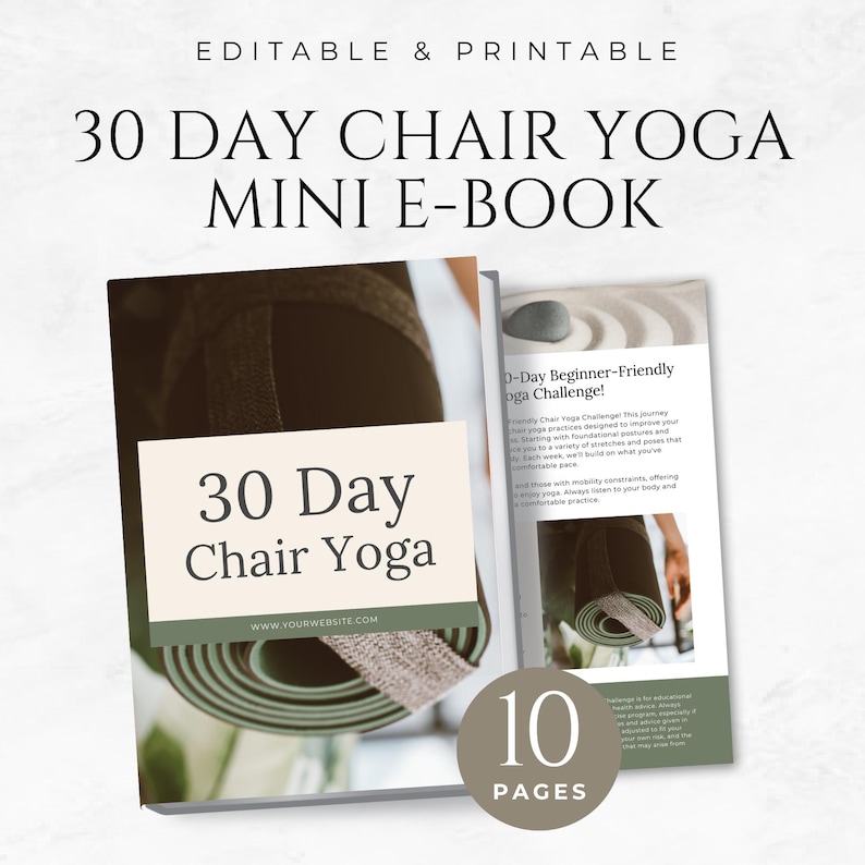 May include: A 30-day chair yoga mini e-book with a green yoga mat on the cover. The e-book is designed for beginners and includes 10 pages of beginner-friendly yoga practices.