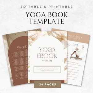 Puede incluir: Una plantilla digital para un libro electrónico de yoga con un diseño floral y el texto "Yoga Ebook Template" y "Empower Your Yoga Journey: A Guide to Mindful Practice and Personal Growth". La plantilla tiene 24 páginas.