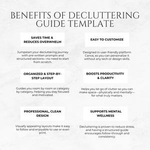 May include: A white and beige graphic with the title "BENEFITS OF DECLUTTERING GUIDE TEMPLATE." The graphic lists benefits such as saving time, easy customization, organized layout, boosting productivity, professional design, and supporting mental wellness.