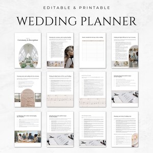 Puede incluir: Un planificador de bodas imprimible con un dise&ntilde;o minimalista. El planificador est&aacute; dividido en secciones, cada una con un tema diferente relacionado con la planificaci&oacute;n de bodas. Las secciones incluyen "Ceremonia y Recepci&oacute;n", "Elegir la banda o el DJ adecuado para tu boda", "Horario por hora para el d&iacute;a de la boda" y "Planificar tu pastel de bodas perfecto".