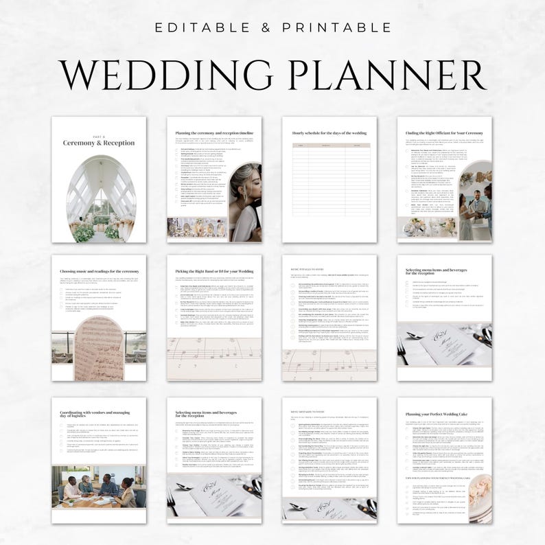 Puede incluir: Un planificador de bodas imprimible con un dise&ntilde;o minimalista. El planificador est&aacute; dividido en secciones, cada una con un tema diferente relacionado con la planificaci&oacute;n de bodas. Las secciones incluyen "Ceremonia y Recepci&oacute;n", "Elegir la banda o el DJ adecuado para tu boda", "Horario por hora para el d&iacute;a de la boda" y "Planificar tu pastel de bodas perfecto".