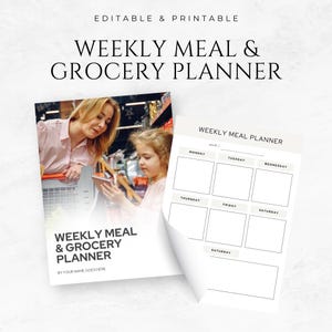 May include: A printable weekly meal and grocery planner with a photo of a woman and a girl in a grocery store. The planner has sections for each day of the week, Monday through Saturday.