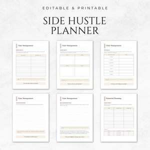 May include: Printable side hustle planner with six pages. The pages are titled "Time Management" and "Financial Planning". The pages are designed to help you plan your time and finances for your side hustle.