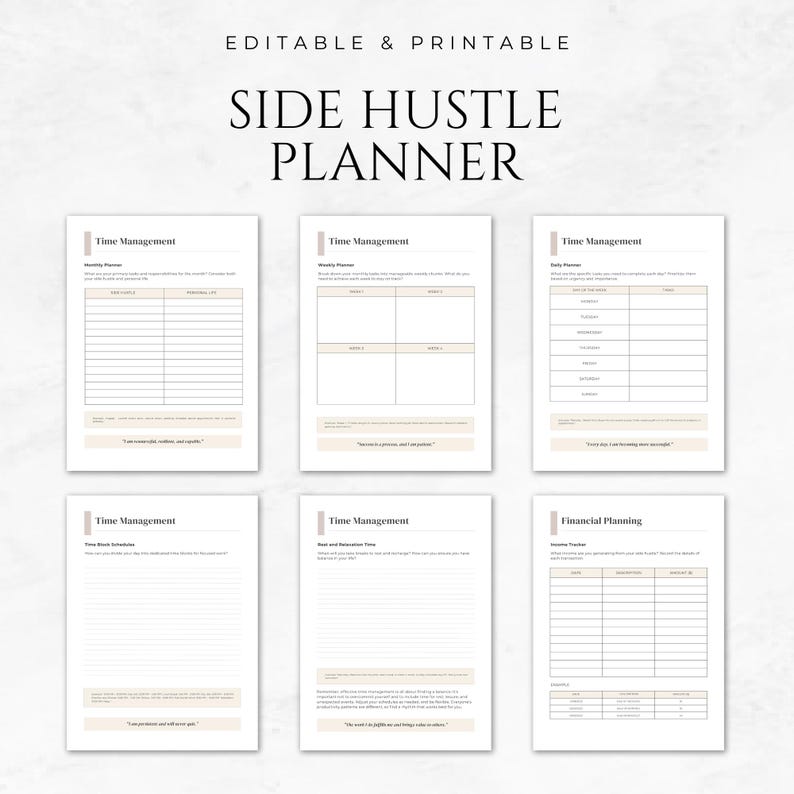 May include: Printable side hustle planner with six pages. The pages are titled "Time Management" and "Financial Planning". The pages are designed to help you plan your time and finances for your side hustle.