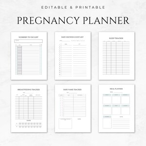 May include: Printable pregnancy planner with sections for nursery to-do list, baby shower guest list, sleep tracker, breastfeeding tracker, baby name tracker, and meal planner.