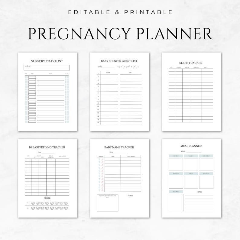 May include: Printable pregnancy planner with sections for nursery to-do list, baby shower guest list, sleep tracker, breastfeeding tracker, baby name tracker, and meal planner.