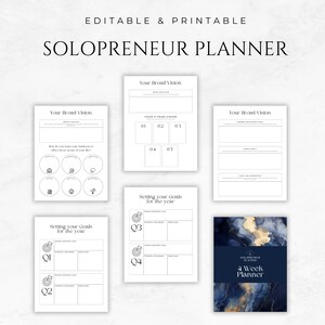 Op de afbeelding: Een printbare solopreneur-planner met een blauw en gouden marmerontwerp. De planner bevat secties voor het stellen van doelen, een brede visie en een 4-weekplanner.