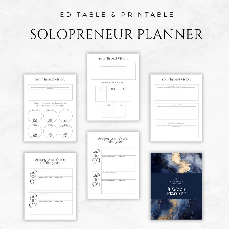 Op de afbeelding: Een printbare solopreneur-planner met een blauw en gouden marmerontwerp. De planner bevat secties voor het stellen van doelen, een brede visie en een 4-weekplanner.