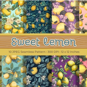 Sweet Lemon Seamless Pattern  : 10 Digital JPEG Files, 300 DPI, 12x12 inches background for design and scrapbooking.