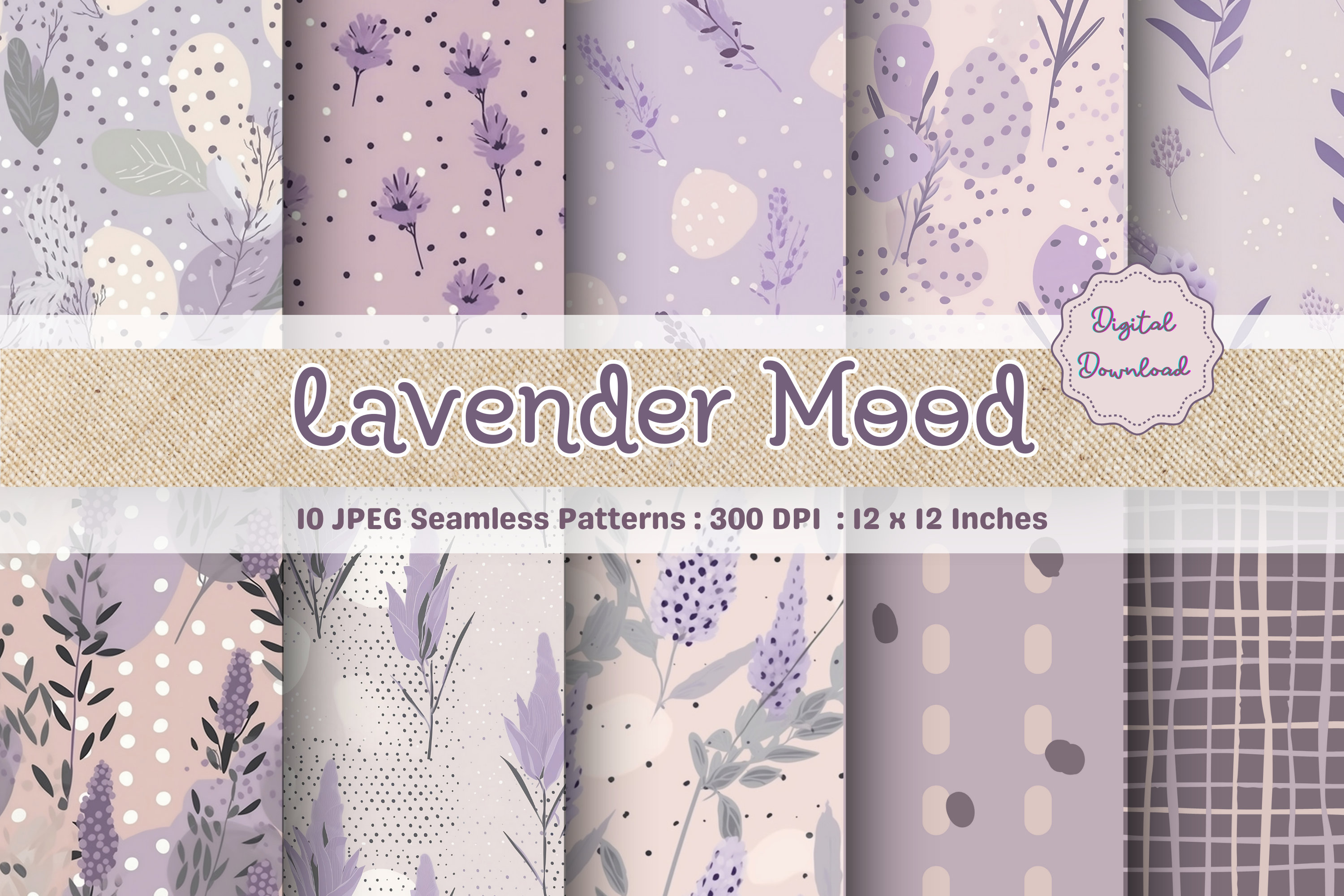 Könnte beinhalten: Ein Set mit 10 digitalen nahtlosen Mustern mit Lavendelblüten, Blättern und abstrakten Formen in den Farben Lila, Rosa und Weiß. Die Muster sind 30,5 cm x 30,5 cm groß und haben eine Auflösung von 300 DPI.