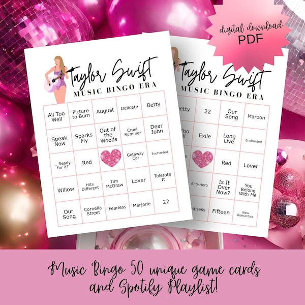 In Your Music Bingo Era - 50 Taylor Swift themed Music Bingo Game Cards, Playlist & Instructions - Swiftie Birthday Party Game