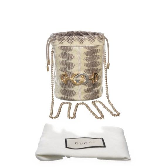 Gucci Zumi White/Gray Snakeskin Mini Drawstring B… - image 1