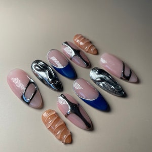 3D Silver Chrome Press On Nails | Long Almond Nails | 3D Nails | False Nails | French Tip Nails | Silver Chrome Press On Nails