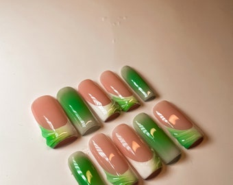 Green Aura with Design Press On Nails | Long Square Nails | Aura Design Press On Nails | Green Ombré Press on Nails | Luxury Nails