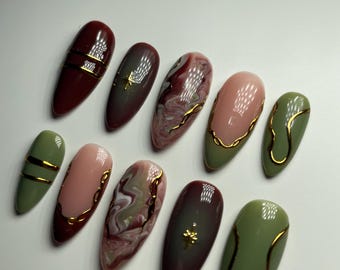Green & Brown Marble Press On Nails: Golden Chrome Almond French Tip