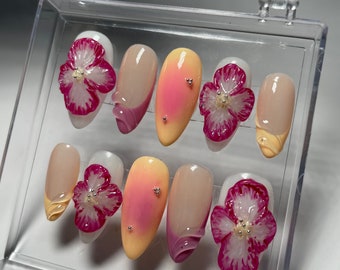 3D Flower Press On Nails: Long Almond French Tip