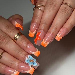 3D Flower Tropical Press On Nails | Medium Square Nails | Orange  Nails | 3D Nails | Aura effect nails