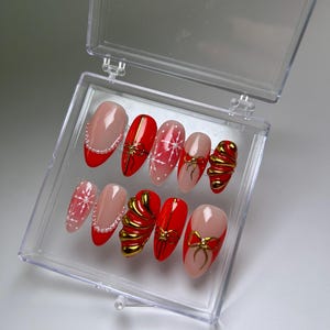 3D Rot mit goldenen Chrom Drücken Sie auf die Nägel | Mandel Nägel | Hochwertige Nägel | French Tip Nägel | 3D Presse auf Nägel | Winternägel