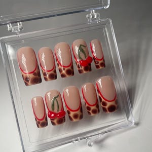 3D Cherry Press On Nails | Medium Square Nails | High Quality Nails | French Tip Nails | Fall Design Nails