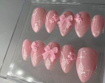 Pink Press On Nails with Charms | Almond Nails | 3D Nails | False Nails | Bow Nails | Flower Press On Nails