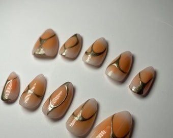 Orange Aura with Golden Chrome Design Press On Nails