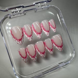 Soft Pink Press On Nails | Almond Nails | High Quality Nails | French Tip Nails | Pink nails | Bow Nails | Valentines Day nails |