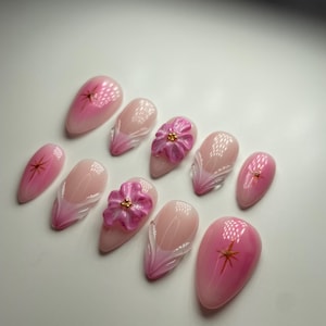 3D Flower Pink Press On Nails | Short Almond Nails | Aura Effect Nails | French Tip Nails | 3D press on nails