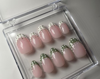 Polkadots French Tips Press On Nails | Medium Oval Nails | High Quality Nails | French Tip Nails | Polkadot Nails