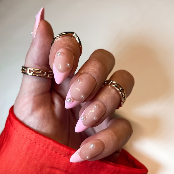 Pink French Tip with Pearls Press On Nails | Long Almond Nails | High Quality Nails | French Tip Nails | Nails with pearls | Luxury Nails