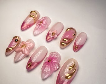 3D Flower Press On Nails: Pink Almond, Gold Chrome French Tip