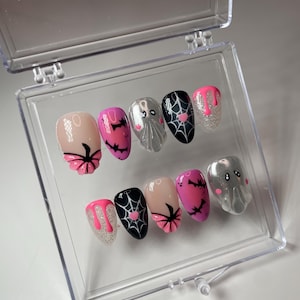 3D Pink Halloween Press On Nails | Extra Short Almond Nails | Halloween Design Nails | Ghost Nails | Bat Nails| Pumpkin nails