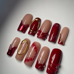 3D Burgundy Red with Golden Chrome Press On Nails | Long Almond Nails | High Quality Nails | French Tip Nails | 3D press on nails