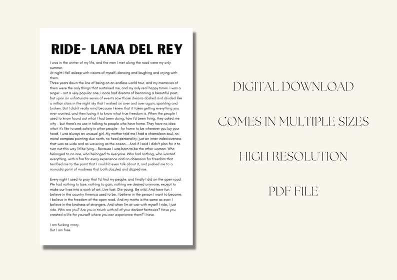 Ride Monologue Lana Del Rey Wall Print Instant Download Etsy
