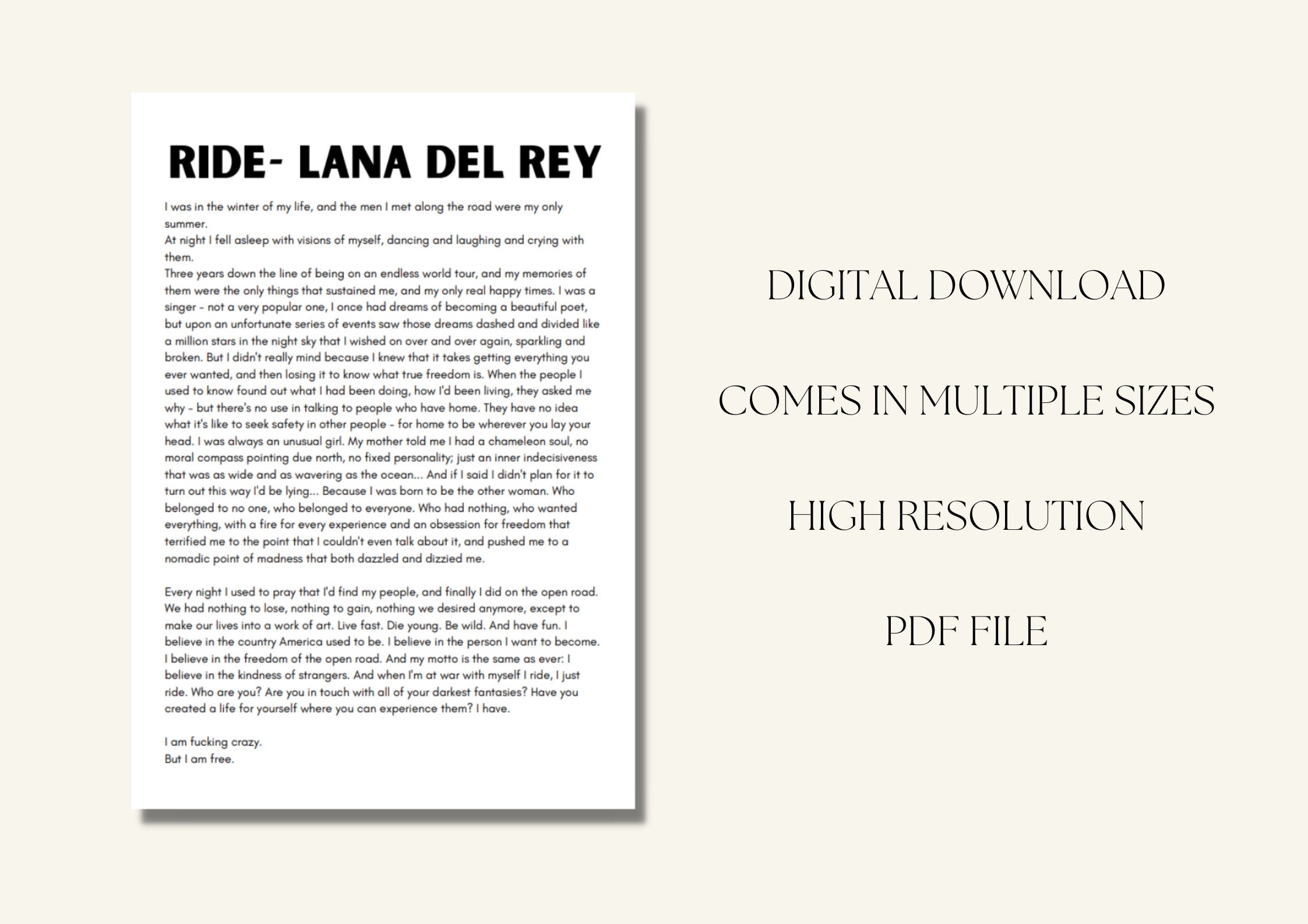Ride Monologue, Lana Del Rey, Wall Print, Instant Download - Etsy