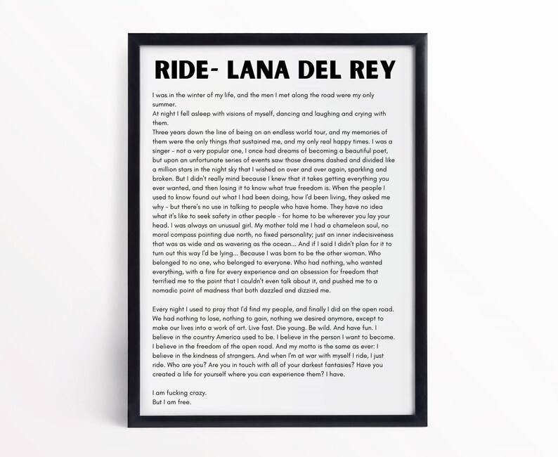 Ride Monologue, Lana Del Rey, Wall Print, Instant Download - Etsy