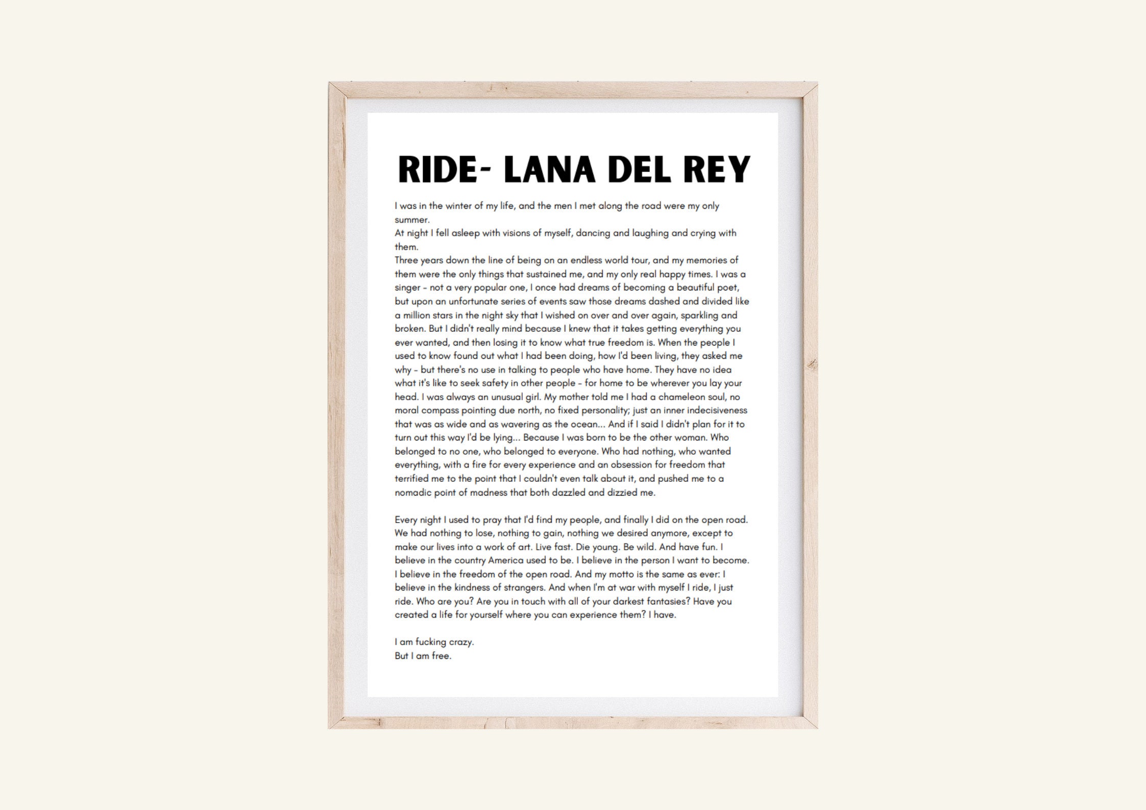 Ride Monologue, Lana Del Rey, Wall Print, Instant Download Etsy