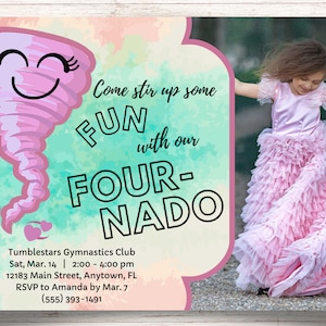 Four-nado 4th Birthday Photo Invite (Pink) - Fournado Party Invitation for Girls - 5x7 Personalized Digital Download