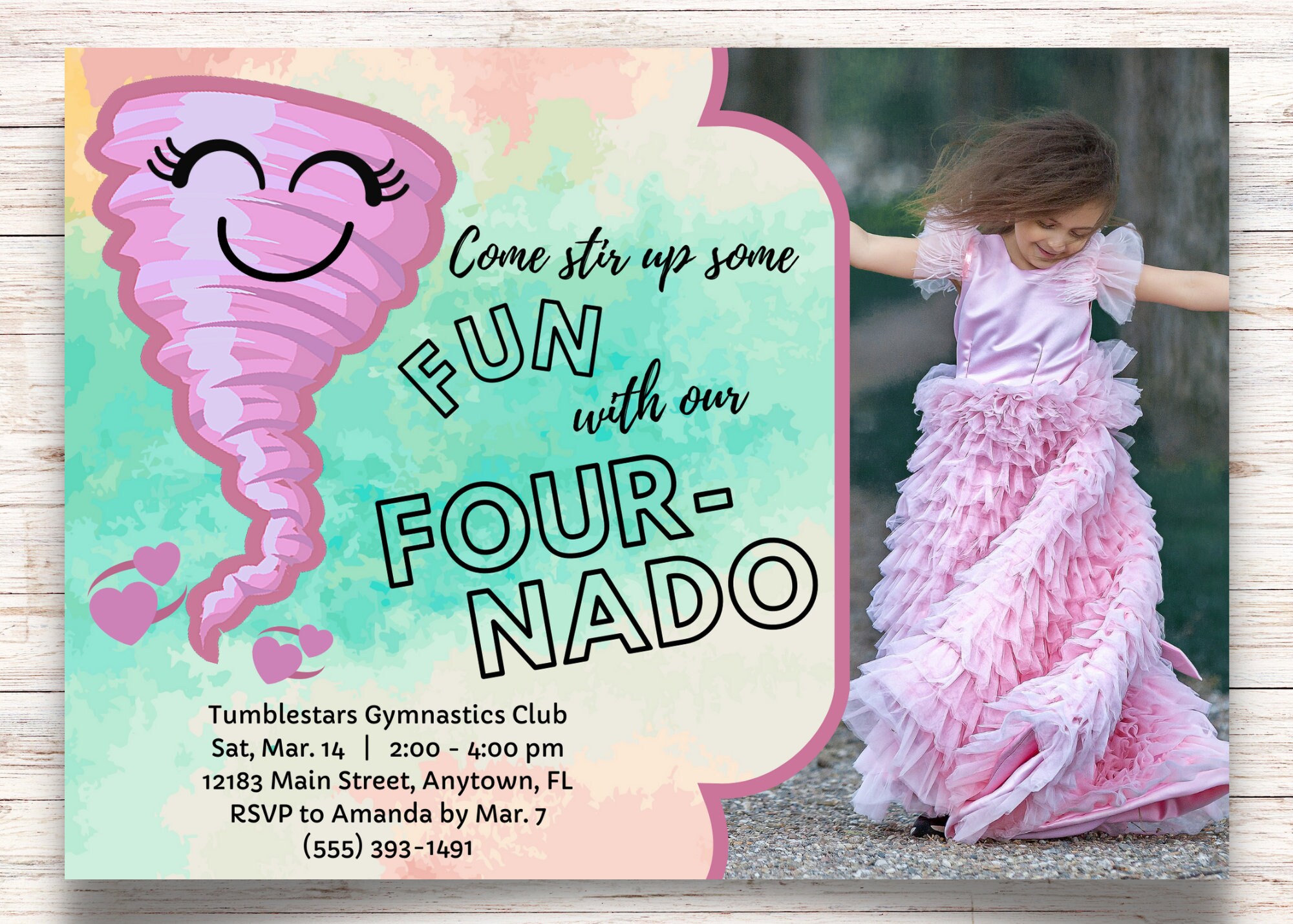Four-nado 4th Birthday Photo Invite (Pink) - Fournado Party Invitation for Girls - 5x7 Personalized Digital Download