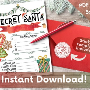 Secret Santa Wish List Printable - Sofortiger Download - 5x7 Weihnachtsfragebogen - Enthält Aufkleber für Umschläge - Digital PDF JPEG