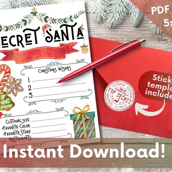 Secret Santa Wish List Printable - Instant Download - 5x7 Christmas Questionnaire - Includes Stickers for Envelopes - Digital PDF JPEG