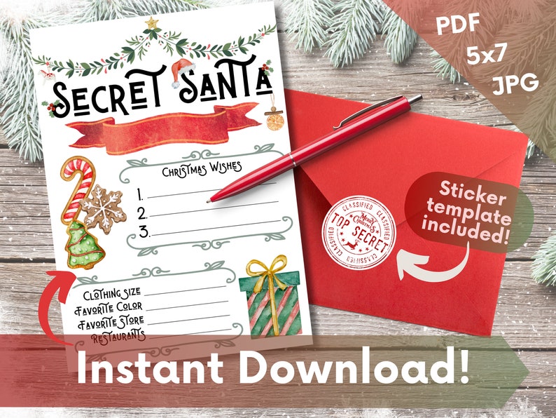 Secret Santa Wish List Printable - Instant Download - 5x7 Christmas ...