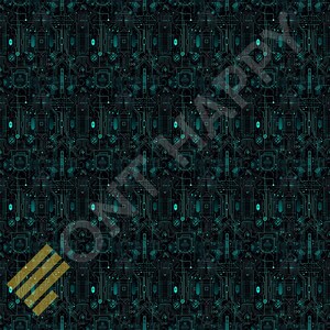 May include: Abstract digital pattern with a repeating design of teal and blue circuit boards on a black background.