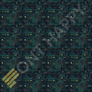 May include: A seamless pattern featuring a circuit board design with green, yellow, and purple lines on a black background.