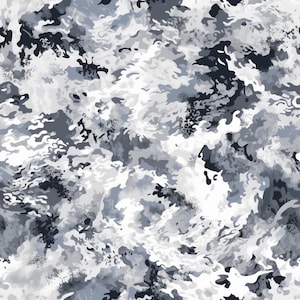 Op de afbeelding: Abstract camouflagepatroon in grijstinten en wit. Het patroon bestaat uit onregelmatige vormen en lijnen, wat een dynamische en moderne uitstraling creëert.